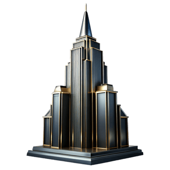 magnificent contemporary A towering Art Deco skyscraper with chrome and black glass, sharp lines, dramatic uplighting, cinematic lighting premium png
