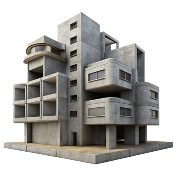 impressive classic A Brutalist concrete apartment complex with geometric shapes and exposed concrete surfaces, overcast sky, muted color palette detailed png