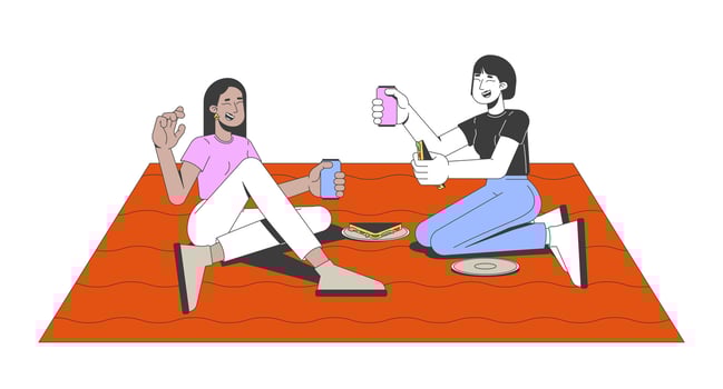 Diverse girlfriends enjoying picnic 2D cartoon characters. Two women sitting on picnic blanket, eating sandwiches, drinking soda flat people isolated on white. Spot illustration colorful vector