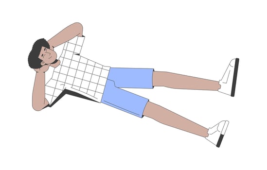 Young hispanic man in checkered tshirt lying on back with hands behind head 2D cartoon character. Carefree latino guy relaxed pose flat person isolated on white. Spot illustration colorful vector