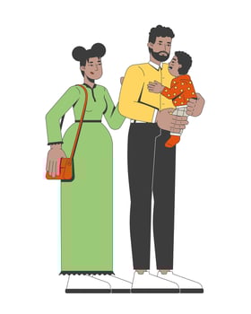 Loving african american family bonding moment 2D cartoon characters. Black father holding son baby while mother standing beside flat people isolated on white. Spot illustration colorful vector
