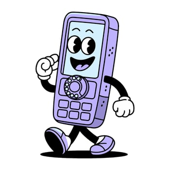 Retro character in flat design style showcasing a cheerful purple mobile phone walking character vector