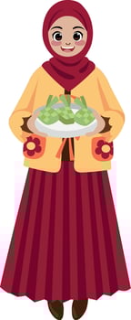 teen girl moslem bring food ketupat rice cake vector