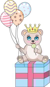Birthday Boy Bear With Balloon Sitting On Gift Box vector