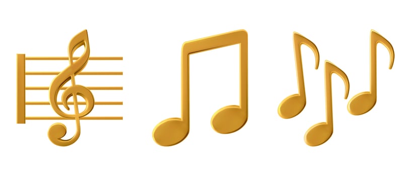 Music golden emoticon, mobile app emoji. Treble clef and notes icons. Elements for melody recording. Metal decoration for music festival poster. Jazz orchestra, violin and piano or vocal song concert. vector