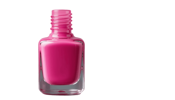 Glossy pink nail polish bottle with a sleek design, perfect for manicures, beauty, and cosmetic styling, isolated. png