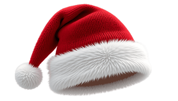 Festive red Santa hat with soft white fur trim, perfect for Christmas celebrations, holiday costumes, and winter cheer. png