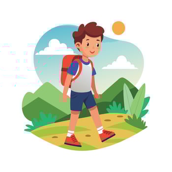 Boy Hiking with Backpack Along Nature Trail vector