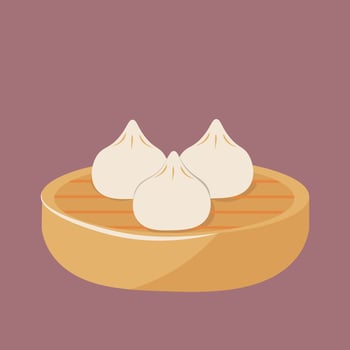 Flat-style illustration of steamed dumplings in a bamboo steamer. Perfect for food blogs, restaurant menus, and Asian cuisine promotions. Minimalist design with a modern touch. vector