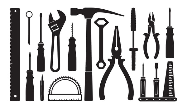 illustration of silhouette hand tools set with wrench screwdriver pliers and measuring tools vector