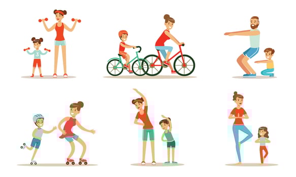 Parents With Children Doing Sports Exercises Together Illustration Set Isolated On White Background vector