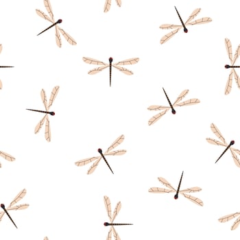 Seamless pattern featuring elegant dragonflies with delicate wings on a white background. Ideal for fabric, wallpaper, packaging, and nature-themed decorative projects vector