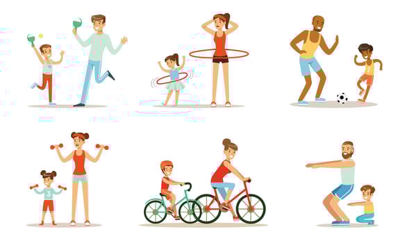 Joint Activity Of Parents And Children, Sports And Exercises Illustration Set Isolated On White Background vector
