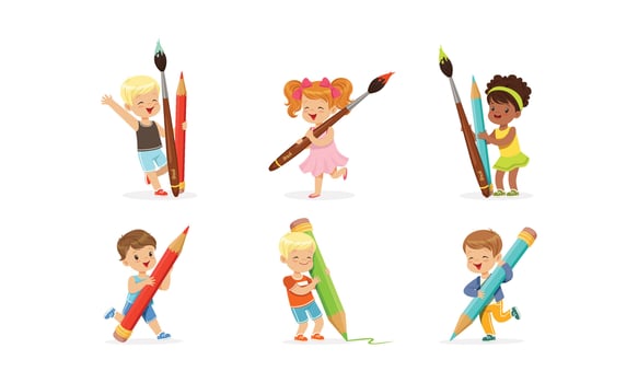 Cute Young Children Holding Big Pencils and Pens vector