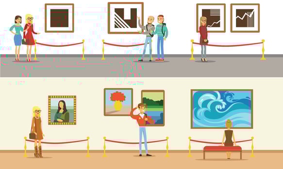 Museum Visitors Taking Museum Tour With And Without Guide Illustrations vector