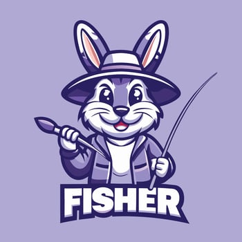 Cute and Playful Fisher Rabbit Mascot Riding a Shopping Cart with Logo Illustration vector