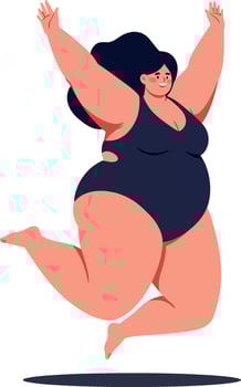Joyful woman in a black swimsuit jumping with excitement in a bright and cheerful flat illustration vector