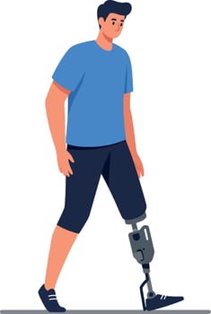 Young man with a prosthetic leg confidently walking in a casual blue shirt and shorts in a flat illustration vector