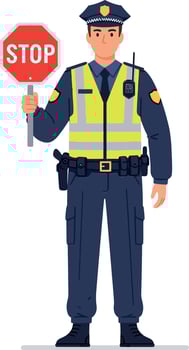 Police officer wearing a uniform holding a stop sign in a detailed flat illustration showcasing authority and safety in an urban environment vector