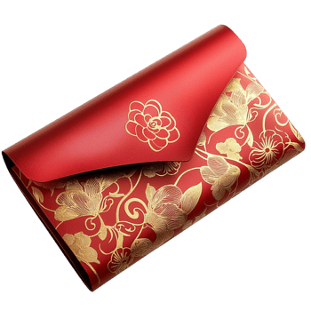 Red envelope with gold floral patterns and a design png