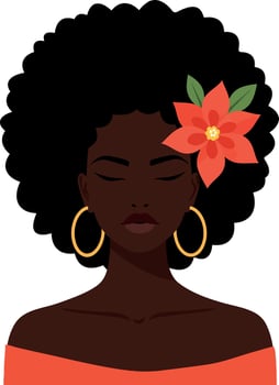 A woman with a vibrant flower in her hair showcasing natural beauty in a minimal flat design illustration vector