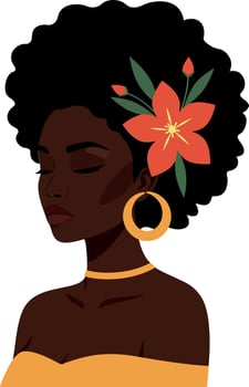 A woman with an elegant afro hairstyle adorned with a vibrant flower wearing gold jewelry in a minimal and colorful illustration vector