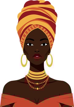 Elegant woman with vibrant headwrap and jewelry in flat style art vector