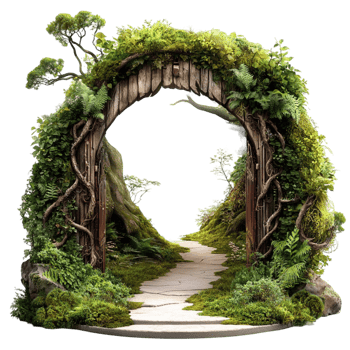 Lush green archway leading to a mystical path png