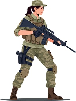 Female soldier in military camouflage uniform holding a rifle in a dynamic stance, flat design art vector