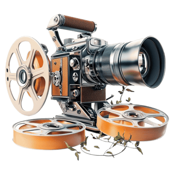 Retro film camera with reels and a cinematic design png