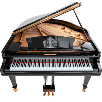 Grand piano with an open lid and black and gold details png