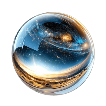 Glass orb with a mesmerizing view of a galaxy and a golden landscape png