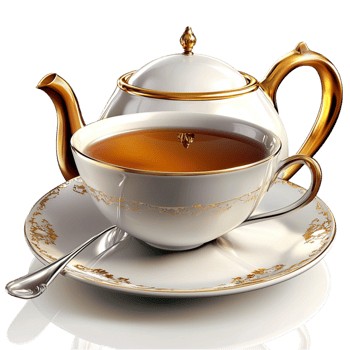 Luxurious porcelain tea set with a golden rim and tea png