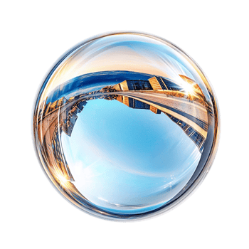 Crystal clear glass sphere reflecting a beautiful landscape png
