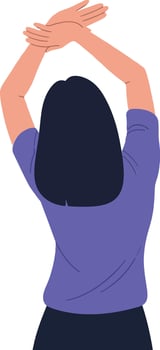 A young woman stretching her arms overhead in a relaxed pose wearing a purple shirt, showcasing a flat design style in art vector