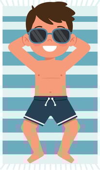 Happy boy relaxing on a beach towel in stylish sunglasses, enjoying a sunny day, minimal illustration vector