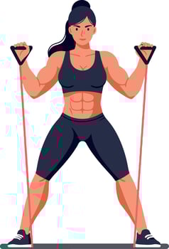 Strong woman exercising with resistance bands in a flat design style showcasing determination and fitness in vibrant art vector