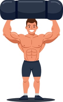Muscular man lifting a heavy barbell with determination in a flat, bold design representing fitness and strength in illustration vector