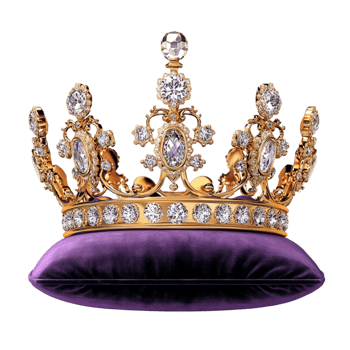 Regal golden crown resting on a plush purple cushion png