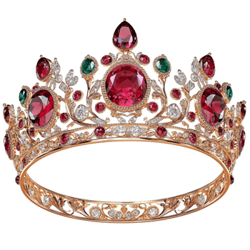 Regal golden crown adorned with sparkling red and green gemstones png