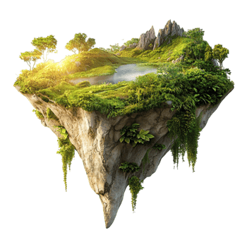 Magical floating landmass covered in trees and surrounded by mist png