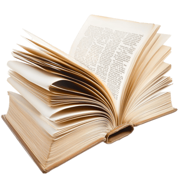 Open hardcover book with flipping pages and intricate text png