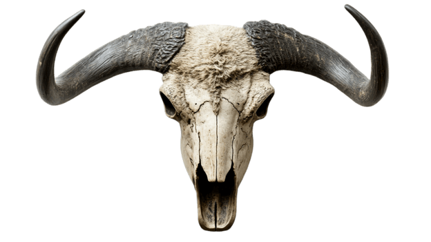Majestic Bull Skull Dark Horns Animal cow art head isolated on transparent background png