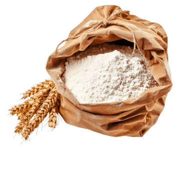 Rustic sack of white flour with golden wheat stalks png