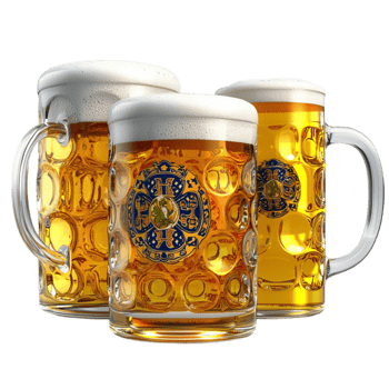 beer mugs filled with frothy golden lager png