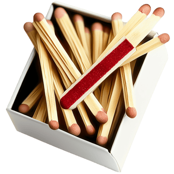 Open matchbox filled with neatly arranged wooden matches with red tips png
