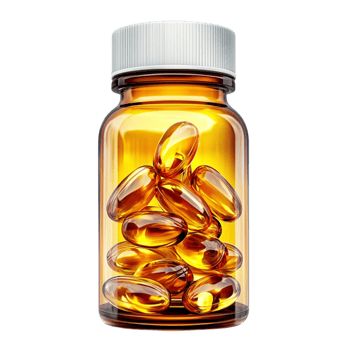 amber pill bottle filled with golden gel capsules png