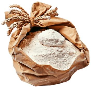Large brown sack filled with ly ground white flour and wheat stalks png