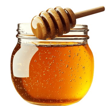 Glass jar filled with golden honey and a wooden honey dipper png