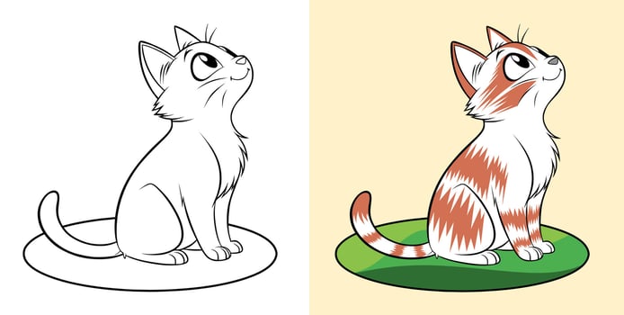 Cartoon illustration of a cat, shown in both outline and color versions, gazing upwards vector
